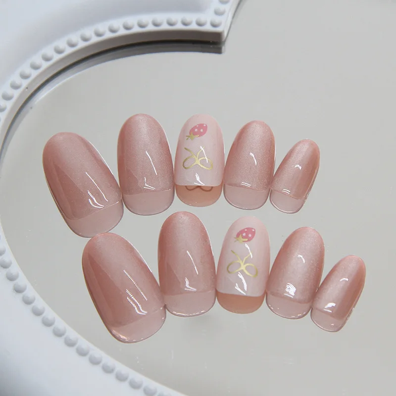 Cute Bow Medium Long Nail Butterfly Nail Piece Detachable Small Oval Strawberry Nail image 3