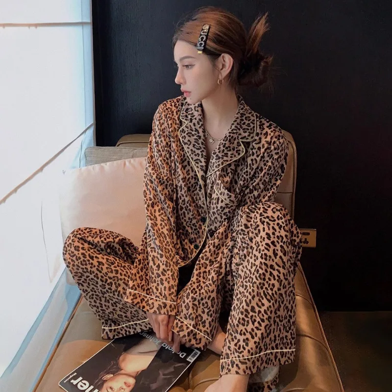 

High-End Light Luxury Leopard Print Instagram-Style Pajamas for Women Long-Sleeved Top and Long Pants Spring/Fall Homewear Set