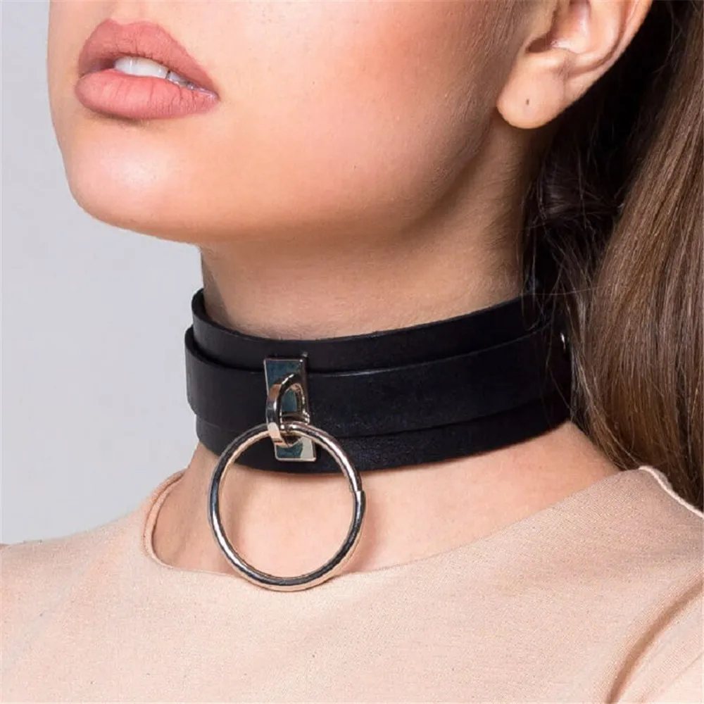 

Y2K Women Leather Neck Strap Belt with Metal Buckle Collar Trendy O-ring Clavicle with Adjustable Sexy Neck Cover Accessories
