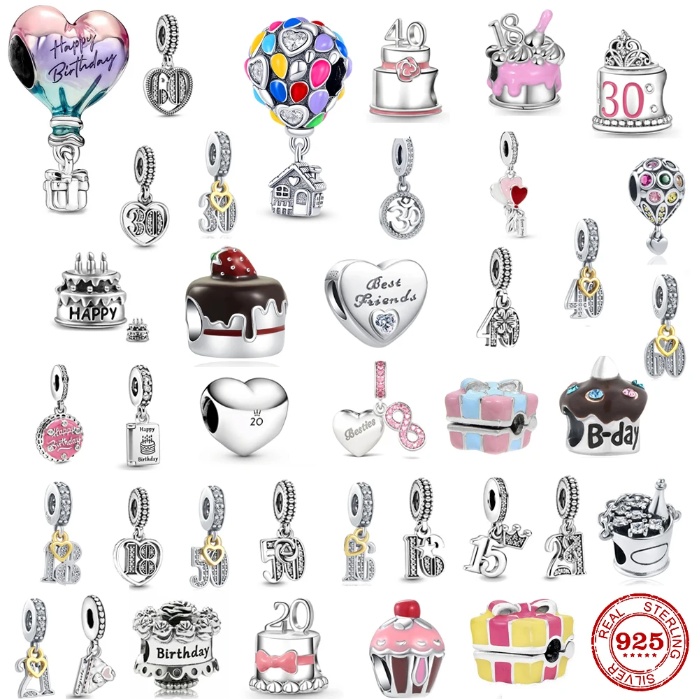 

New 925 Sterling Silver hot air balloon Charms happy birthday Pendant Beads Cake Dangle Fit Original Pandora Bracelet DIY Women