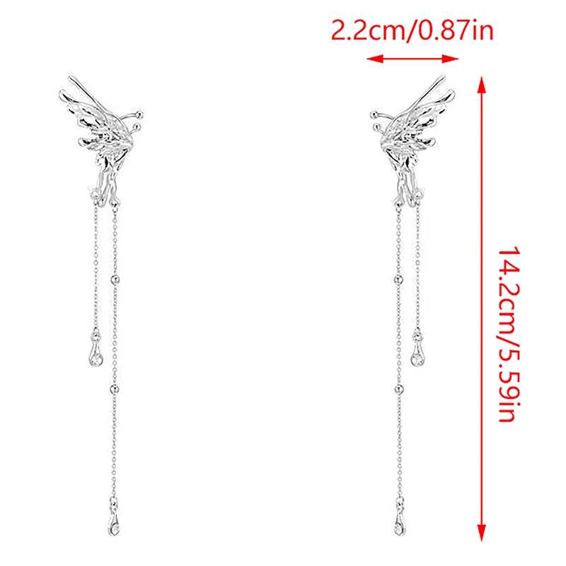 Boucles d'oreilles ailes d'ange en métal liquide, 1 paire, pompon papillon, manchette d'oreille, Non Piercing, Design Punk tendance, longue pince d'oreille pour femme, bijoux