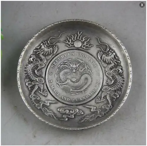 Wealth Plate Fengshui Collection tibet Silver old China Animal statue dragon