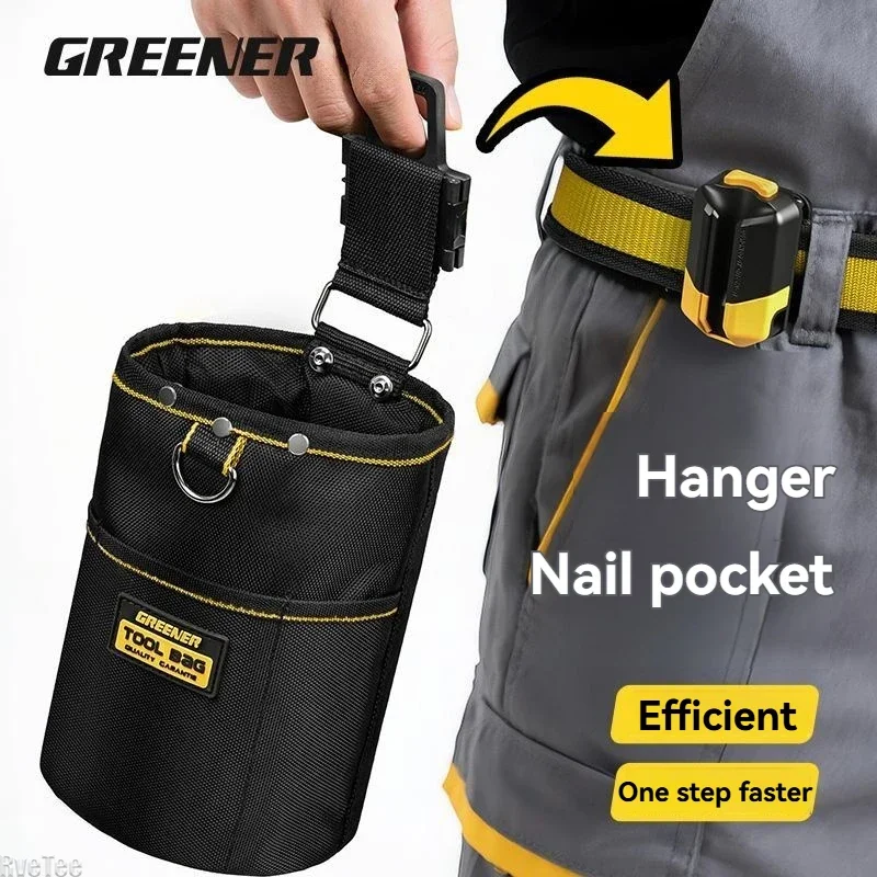 GREENER Quick-Hang Cylinder Electrician Tool Pouch Tool Belt Nail Bag with Spring Plate Pocket for Tools Storage