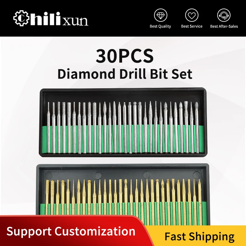 

HILIXUN 30pcs 2.3mm 3.0mm Shank Diamond Burs Drill Bit Set for Dremel Electric Grinder Abrasive Tools File Diamond Drill Bit