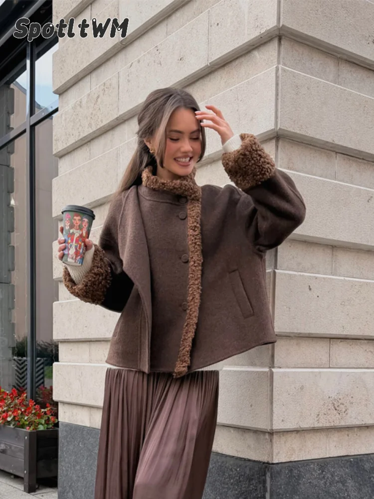 Women's Cropped Curly Faux-fur Collar And Cuffs Patchwork Jacket Coat Faux Wool-blend Dropped Shoulders Overcoat Autumn Outfits