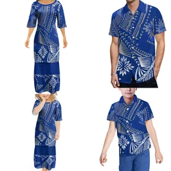 Summer Crewneck Short-Sleeved Ladies Puletasi Girls Puletasi Men'S Shirt Boys' Shirt Button Design Custom Polynesian Family Suit