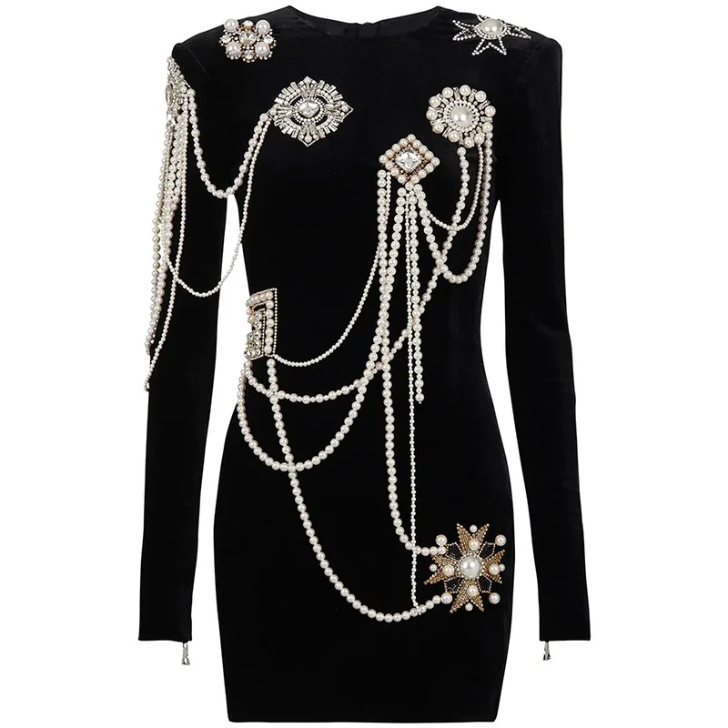 Bead String Women Gold Velvet Dress Pearl Badge Party Gown Elegant Round Neck Mid Waist Long Sleeve Pencil Skirt Newest In Stock