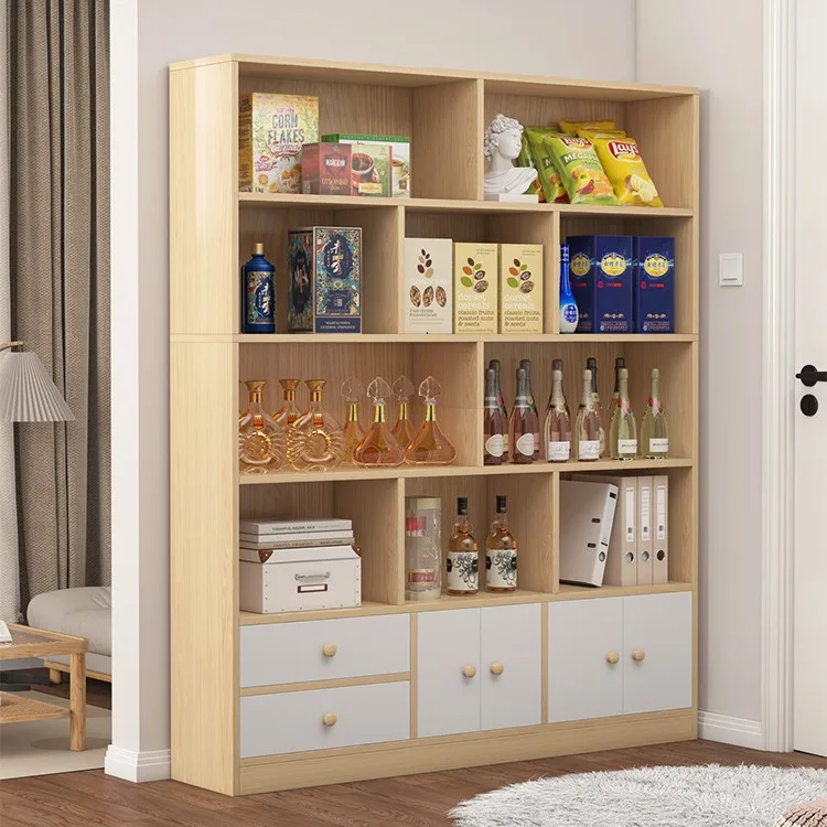 

Bookshelf floor-to-ceiling against the wall, living room shelf layered storage, storage cabinet integrated, simple household