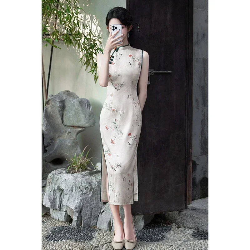 

2025 Spring/Summer New Jacquard Cheongsam Dress Sleeveless Long Style Improved Girl's Double Layer Qipao