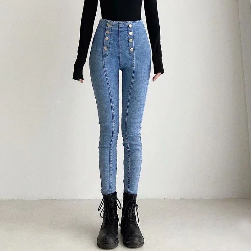 

High Waist Double Breasted Elastic All-match Pencil Jeans Korean Fashion Chic Grande Taille Denim Trousers Streetwear Long Pants