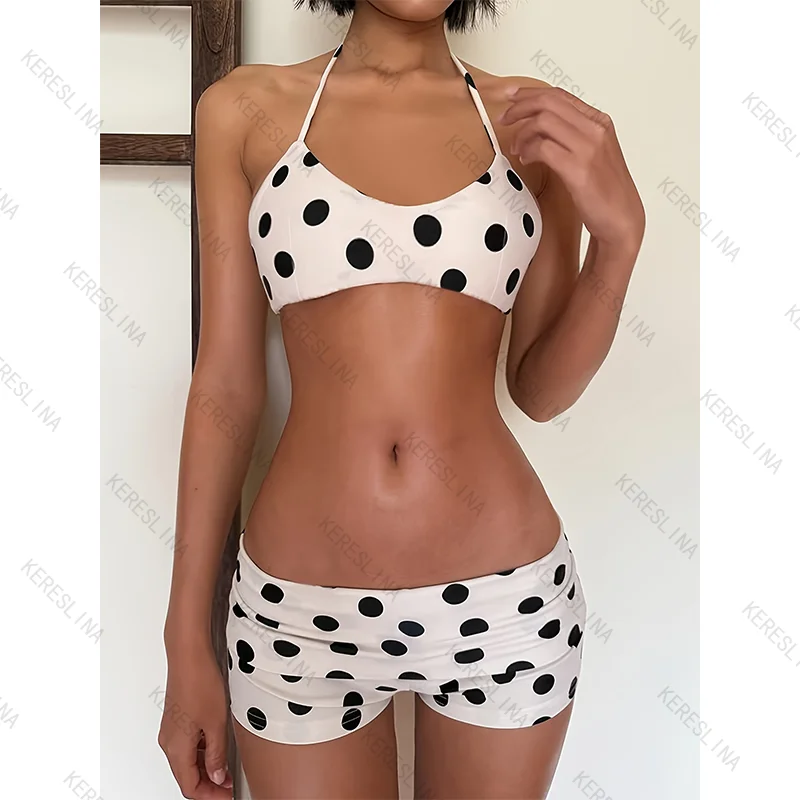 

Летний комплект бикини Y2k Harajuku в европейско-американском стиле для сексуальных и дерзких девушек, модный универсальный комплект с принтом в горошек и топом-халтером, эмо-стиль.