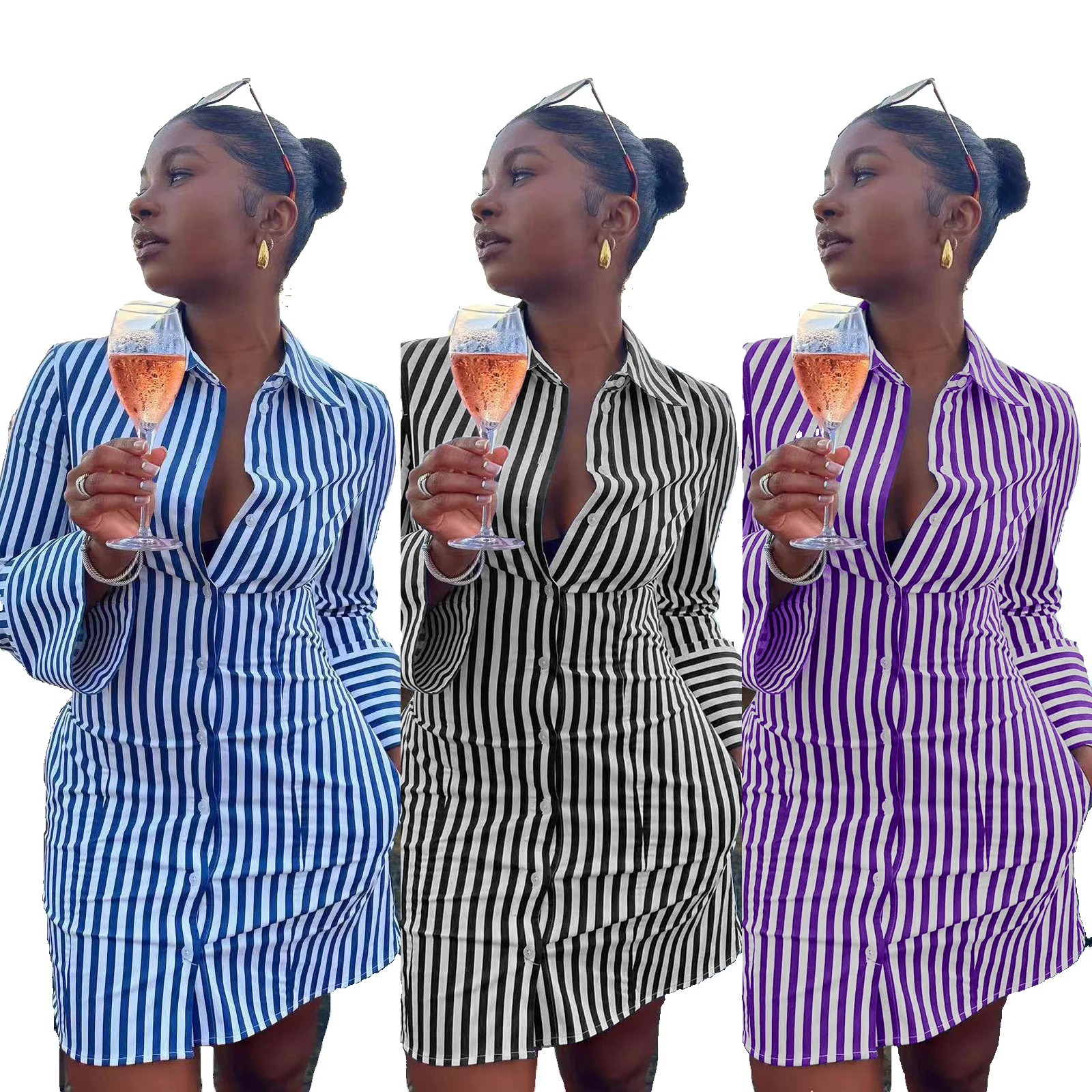 Fashion Striped long sleeve For Women's Dresses Summer Casual Striped commuter overalls Elegant Female Holiday Shirt Dress