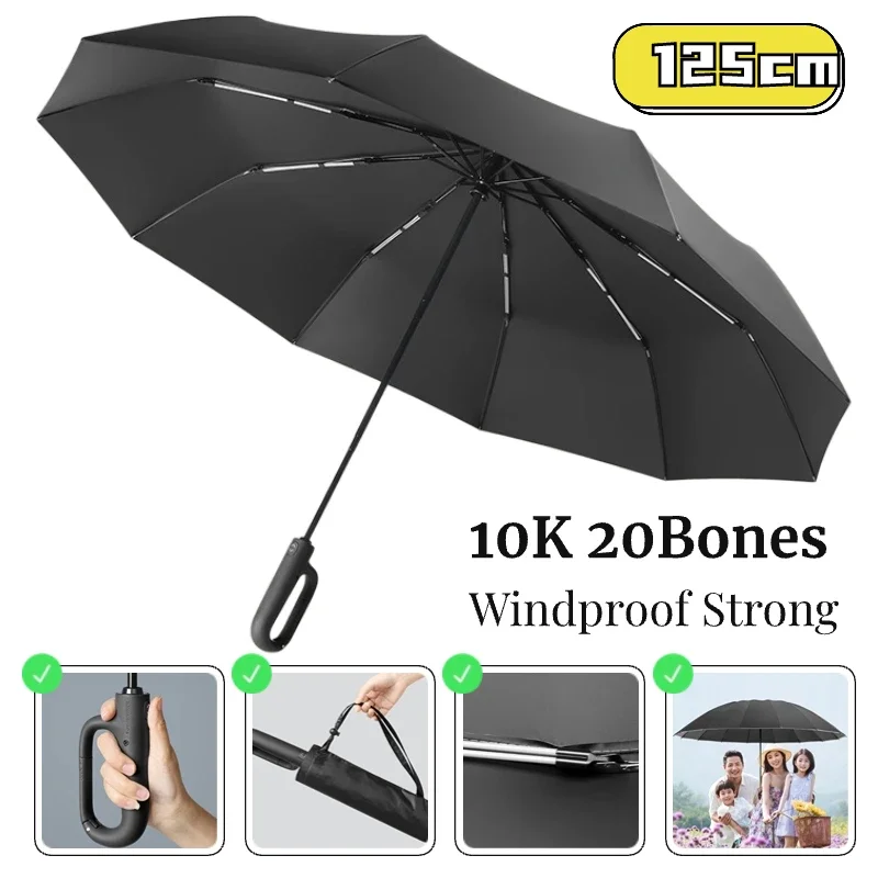 Windproof Strong 125CM Reinforced Automatic Folding Umbrella for Men, Large Buckle Handle, Double Bone Wind and Water Resistant