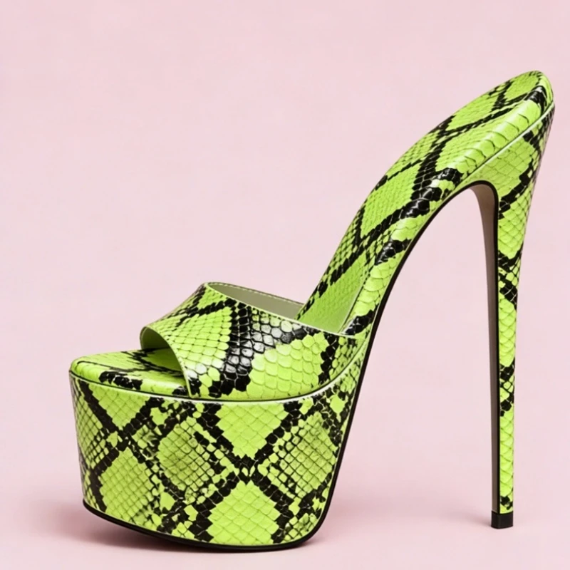

Snakskin Printed Leather High Heel Mules Shoes Black White Green Python Open Toe Platform Stiletto Heeled Slippers