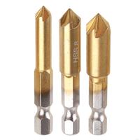 Q81C Countersink Drill Bits Center Set 3 Pieces 1/4'' Shank HSS 5 Flute Countersink 90 Degree Center Tool