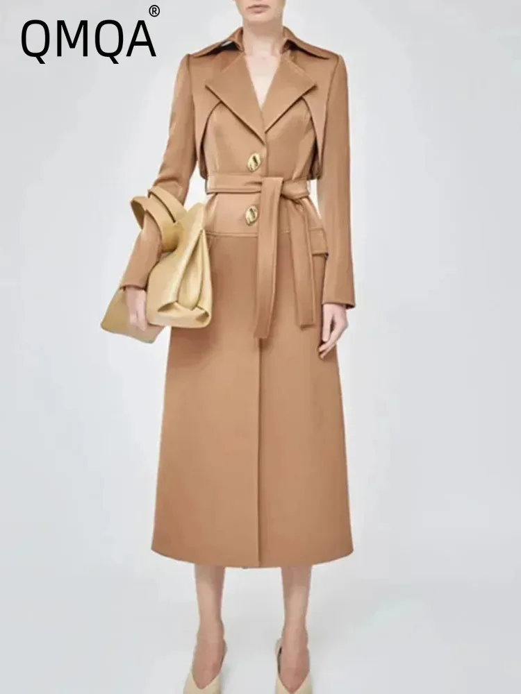 

QMQA Fashion Women's Elegant Trench Coat Gold Metal Buttons Notched Collar Belt Waist Long Sleeve Windbreaker Autumn New 1A277