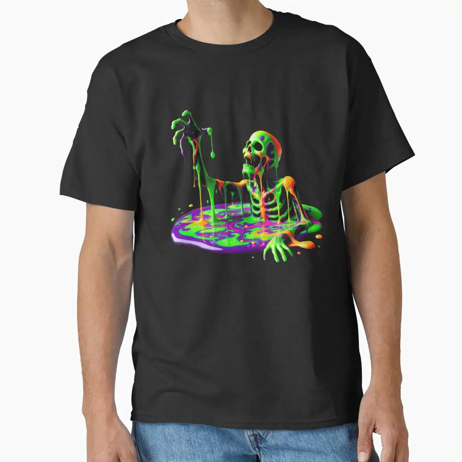 Neon Slime Skeleton Toxic Halloween Horror Classic T Shirt vintage Washed Unisex Comfortable Stretched Top For Everyday Wear