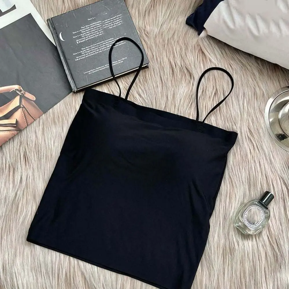

Solid Sleeveless Ice Slik Crop Top Slim Traceless Women's Tank Top Korean Vest Bra with Pads Camisole Lady