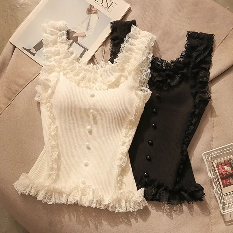 2025 Fashion White Lace Patchwork Tank Top Mujer Sleeveless Women Camisole Black Crop Tops Sexy Camis Summer Woman Clothing