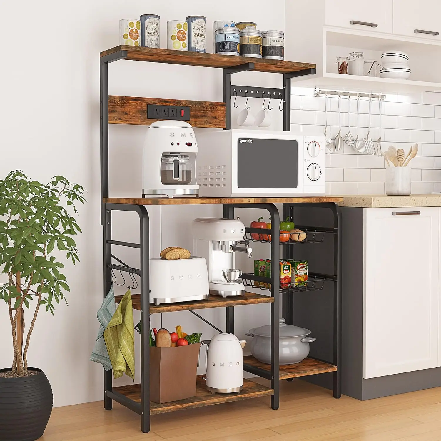 Microwave Stand with Storage, Kitchen Rack and Shelves with 2 Wire Baskets, 10 S-Hooks, Kitchen Storage Shelves