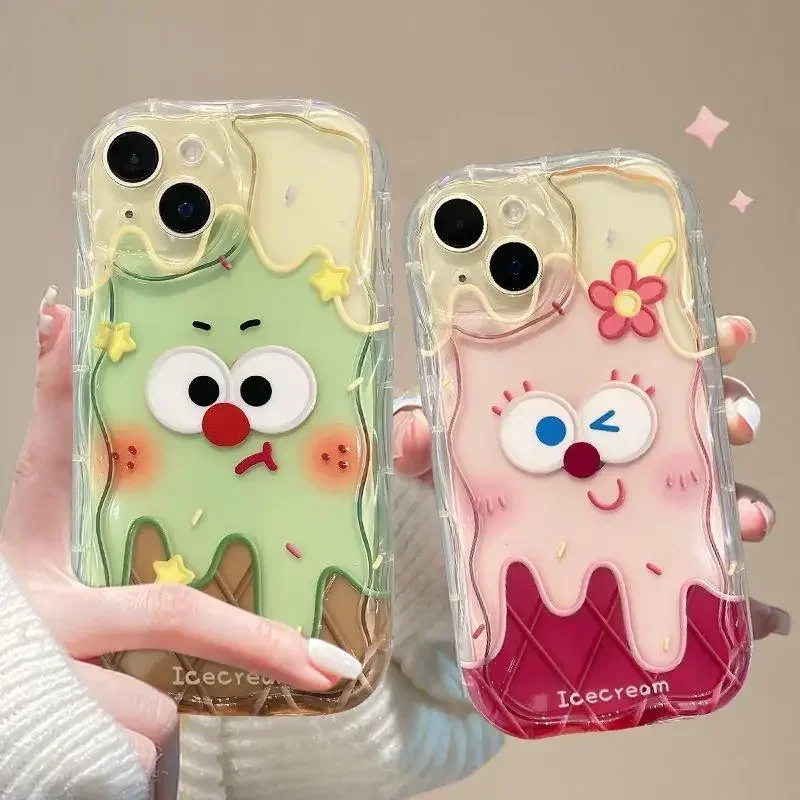 Cute Ice Cream Clear Curly Wave Edge Phone Case for Samsung S20 FE S23 A23 A24 A10 A11 A21S A02S A31 A02 A03 Core Phone Cover