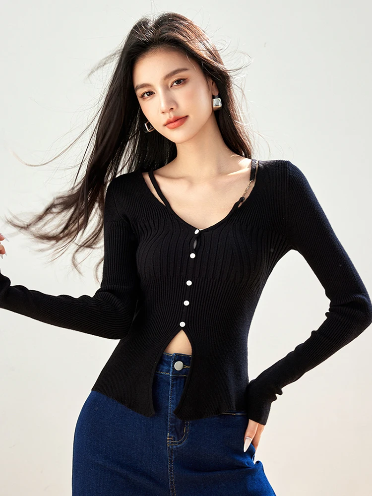 Retro Design Sense Niche Sweater 2024, осень-зима, женские однотонные вязаные топы с v-образным вырезом, модные топы с длинными рукавами