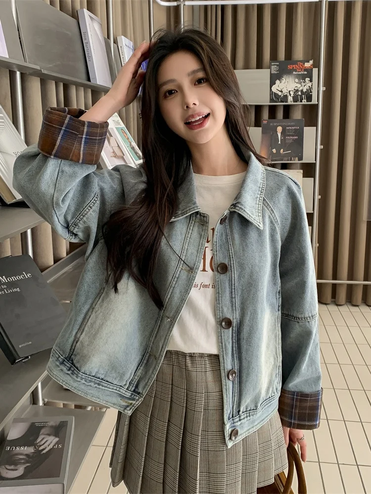 

Faionable Denim Patchwork Jaet Women's Spring 2025 New Sle Small Size Korean Version Loose ape Top Button Closure