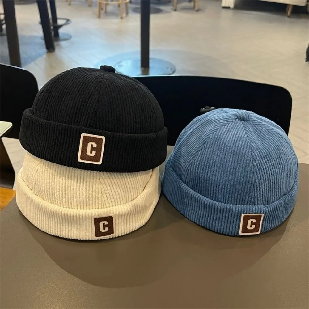 

Vintage Corduroy Brimless Hat C Letter Adjustable Design Docker Cap Warm Fabric Solid Color Hip Hop Hat Autumn Winter