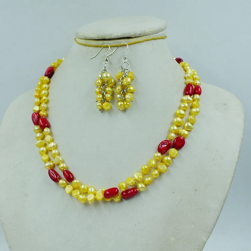 

2-strand 6mm natural Baroque pearl coral necklace earring set 18'