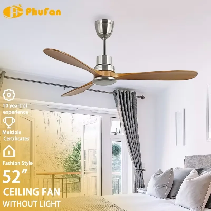 RF 433 Remote Control Ceiling Fan No Light 40W Smart Home Energy Saving AC DC 3 Blades Safe Outdoor Household Garage Use Wood