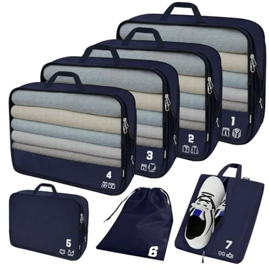 

7 Set Expandable Compression Packing Cubes Travel Accessories in Navy Blue for Efficient Organization