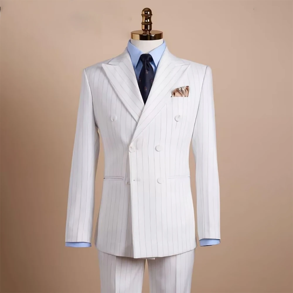 

Regular Length Men's Suits High Quality Stripe Blazer Formal Wedding Double Breasted Peak Lapel Slim Fit Male Clothing Costume
