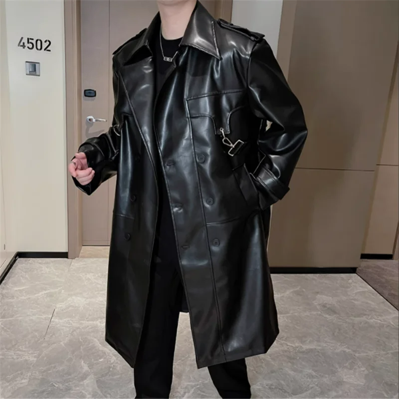 

2023 Autumn/Winter design sense shoulder padded leather coat men's mid-length high fashion brand casual leather trench coat tide