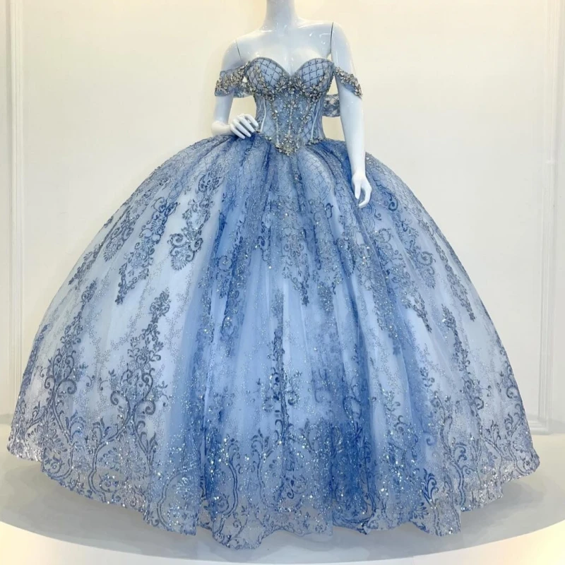 

Sky Blue Shiny Ball Gown Quinceanera Dresses Sequin Applique Lace Beading Crystal Tull Corset Off Shoulder Sweet 16 Dress Vestid