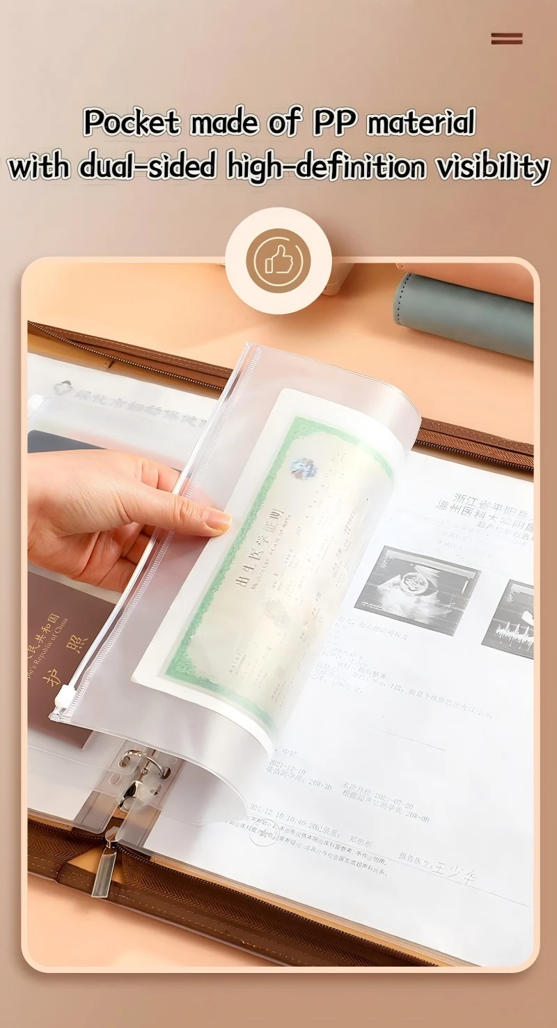 Fotografia 5: Novo Conjunto de Pastas Organizadoras de Documentos A4 com 4 Argolas em Couro PU, incluindo 3 Tipos de Bolsos com Zíper