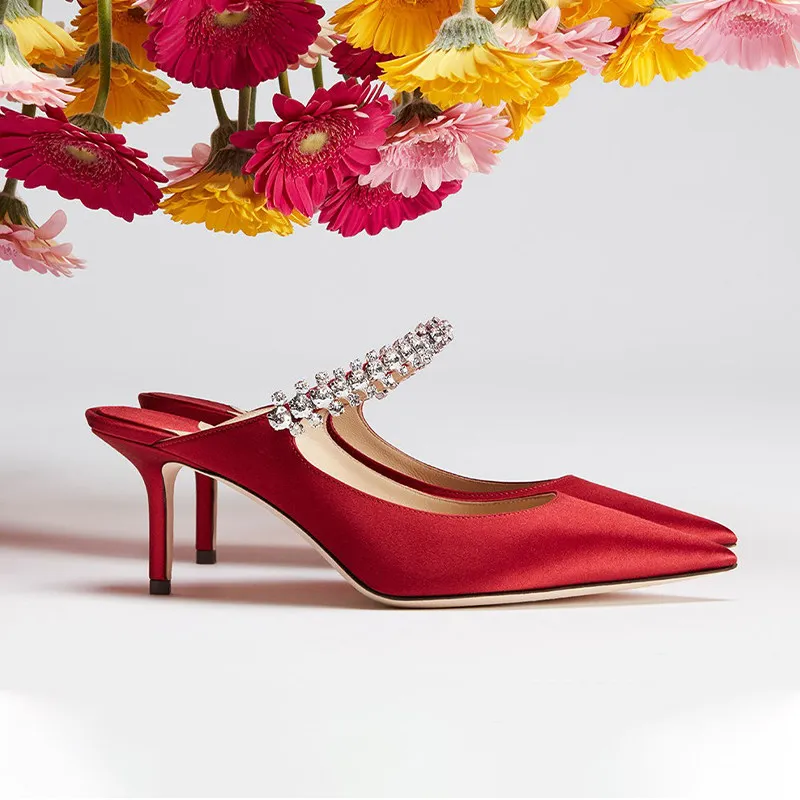 Celebrity French Pointed Toe Mules Women's New Summer Style with Rhinestones Patent Leather Toe Wrap Sandals
