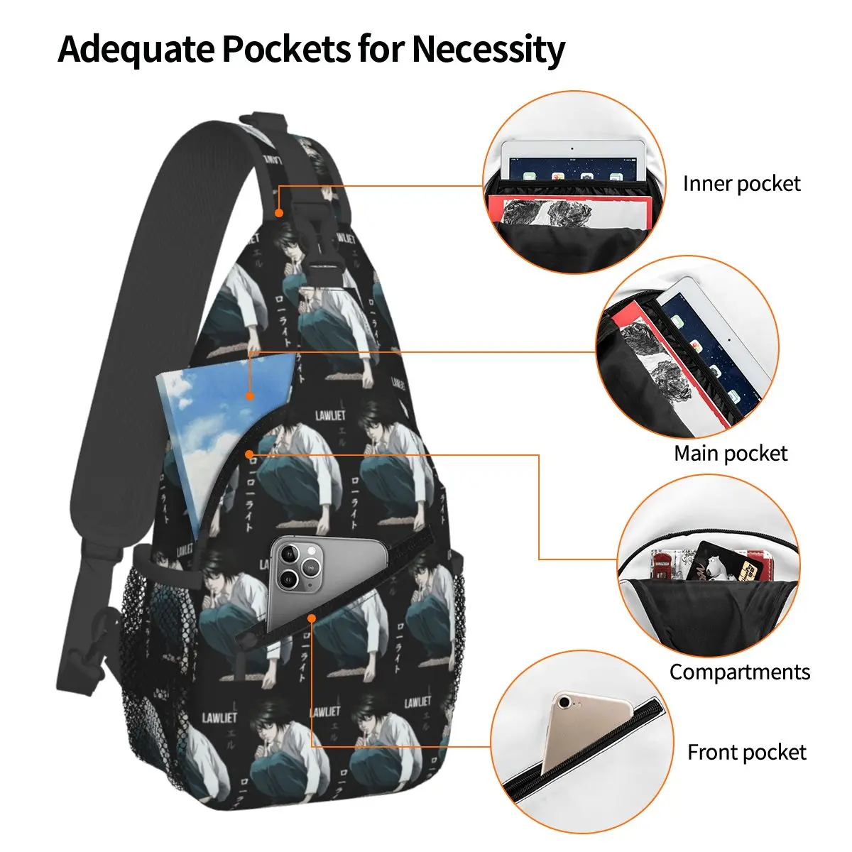 Death Note Lawlet Note Anime Chest Bag Men Sling Crossbody Backpack Chest Bag Travel Hiking Daypack Shoulder Bag