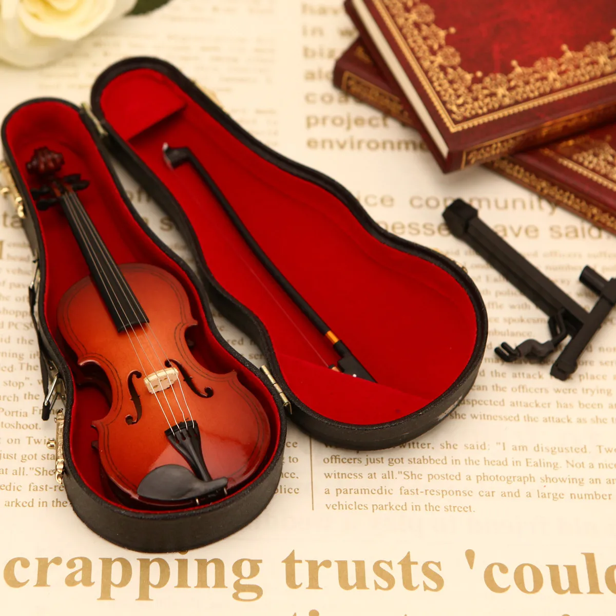 

Mini Violin Model - Realistic Decorative Miniature Violin Non-Functional For Display Includes Leather Case and Stand