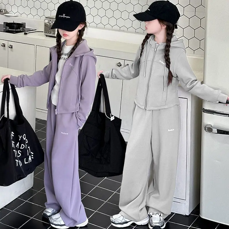 

Girls' Spring and Autumn Outfit 2025 Fashionable Stylish Jacket New Hooded Casual Two-Piece Set for Older Kids, Trendy for Going