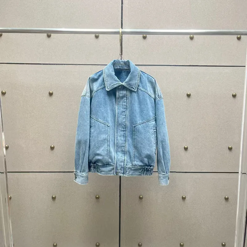 Women's Collared Denim Jacket, Distressed Wash, Loose Fit, Large Pockets, Zipper Jacket, 2026, New Style, Y2K