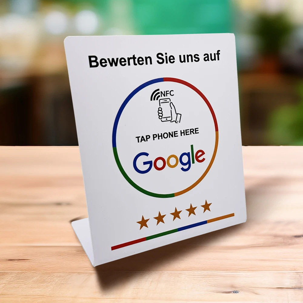NFC Tap Card Stand German French Spanish English 4 Version Google Review NFC Stand NFC Table Display for Restaurant
