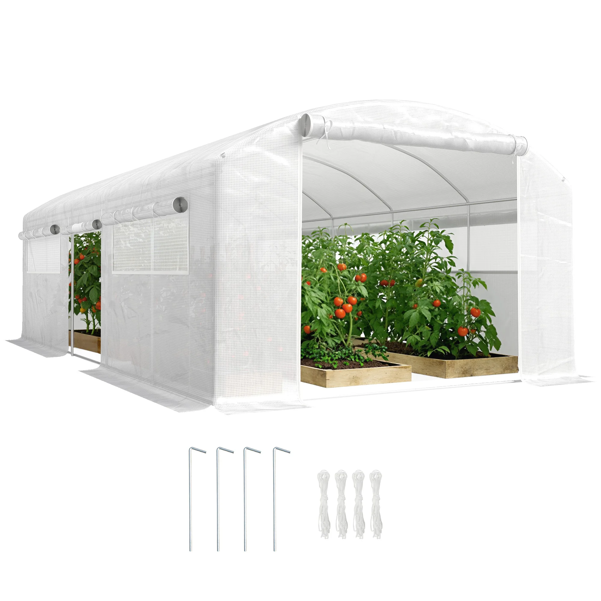 Outsunny Outdoor Greenhouse 6X3X2 M, Tunnelkas met 3 oprolbare deuren, gaasramen, 140G/M² anti-uv pe-afdekking en gegalvaniseerd stalen frame, voor gewassen, planten