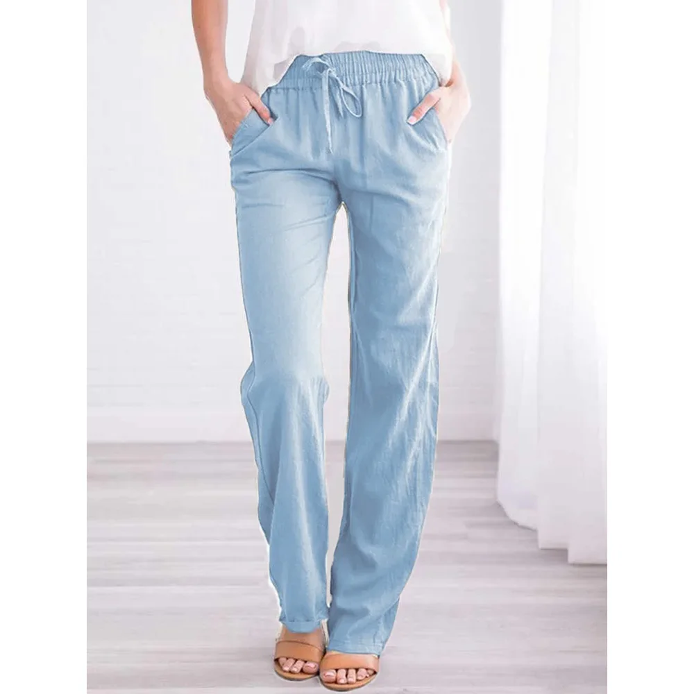 Women 100% Cotton  Drawstring Pants Elastic Waist Casual Solid Color Trousers Baggy Loose Straight Leg Breathable Sweatpants