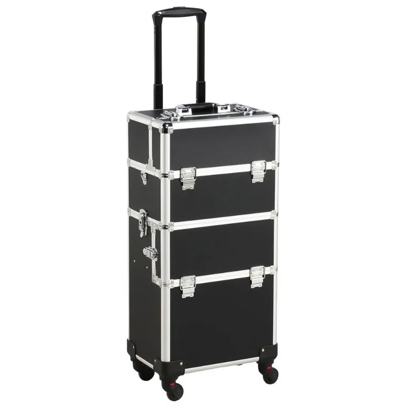 

3 in 1 Cosmetic Makeup Case Large Aluminum Trolley Makeup Travel Case with 360° Swivel Wheels， Make Up Organizer