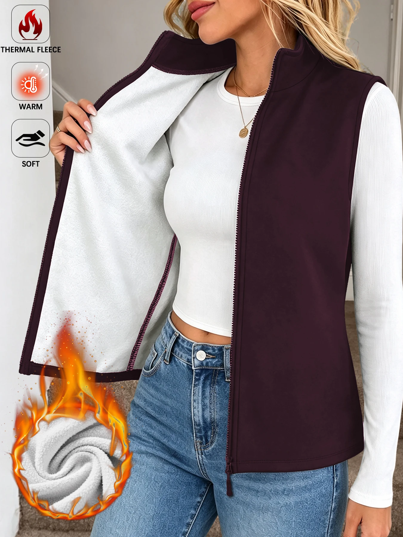Fleece-Weste für Damen, dick, weich, mit Stehkragen, Reißverschluss, lässige Weste für den täglichen Gebrauch im Winter. – Detail 8