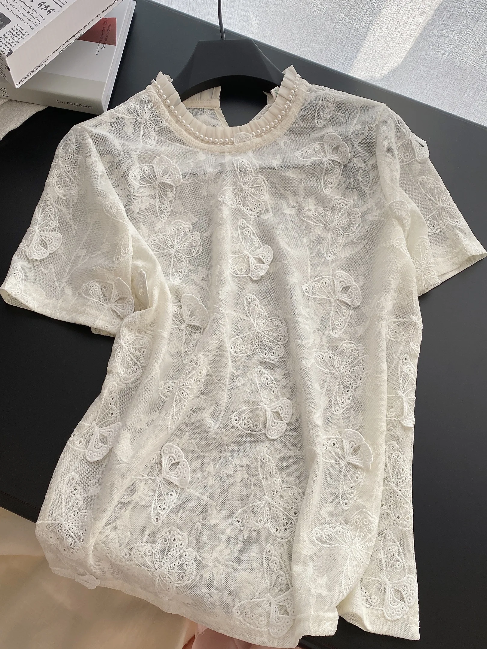 

Sweet Beaded round Ne ort Sve Women's irt Summer High-End Heavy Embroidery Thin See-tough Overhead Top