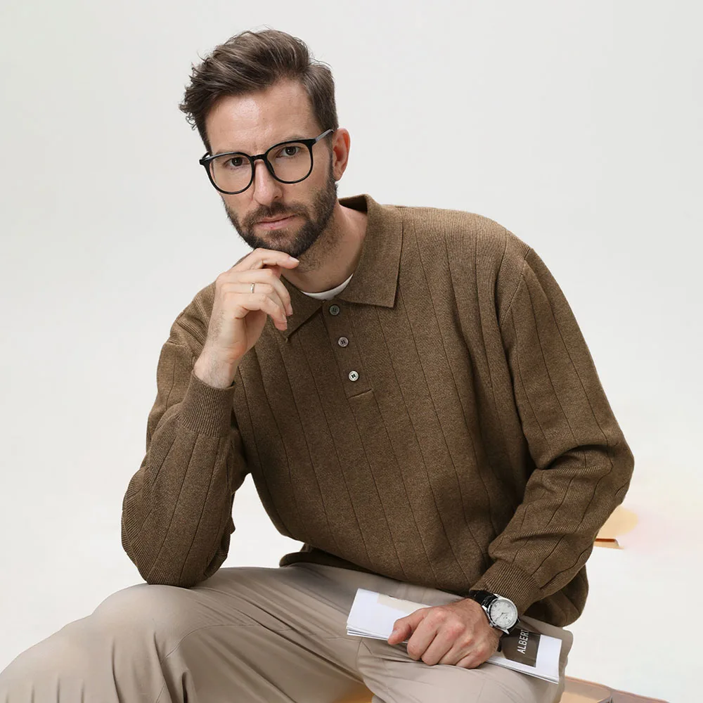 

BROWON Men's Vintage Old Money Polo Collar Sweater Vertical Ribbed Thickened Warm Relaxed Fit Autumn Winter 2025 Knit Outerwear