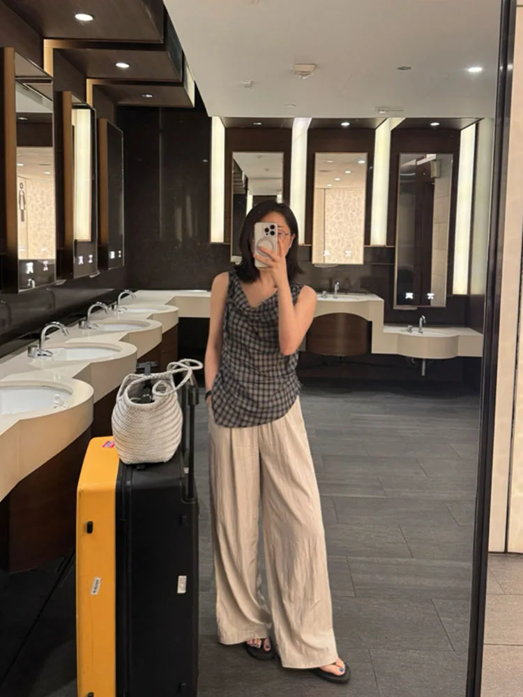 

Летний повседневный костюм из тонкой хлопковой ткани в клетку с цветочным принтом: рубашка и длинные брюки для женщин (комплект из двух предметов)