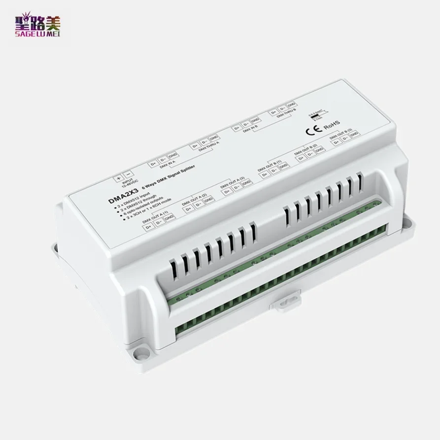 12V-48VDC 6 Ways DMX Signal Splitter DMA2X3 DC24V 36V 0.5A Max DMX512 Amplifier Repeater Work DMX Master For LED Lamp Lights