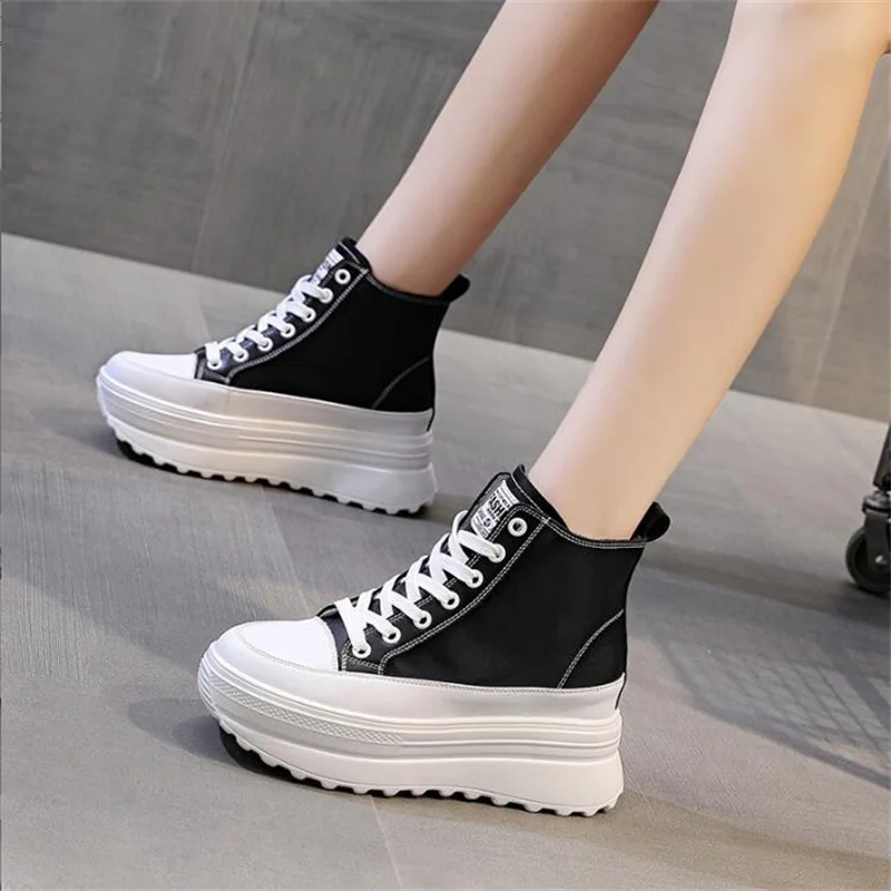 Women Genuine Leather White Breathable New Shoes 7cm Platform Boots Wedge Hidden Heel Spring Autumn Lace-Up Black Shoes Sneakers